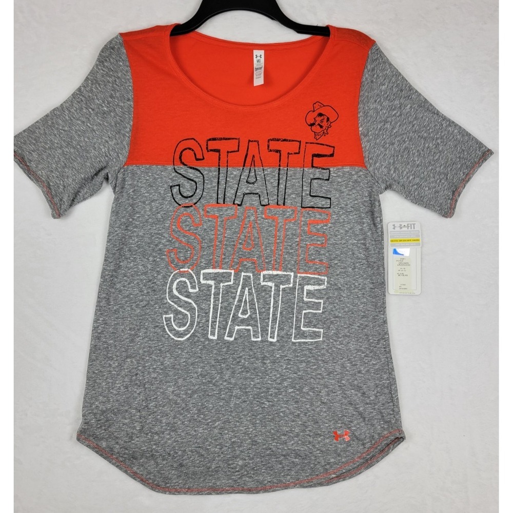 Under Armour NWT Oklahoma State Cowboys T Shirt Womens Med Orange Gray heatgear‎